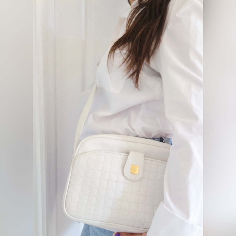 Authentic CELINE Macadam Quilted‎ White Leather Shoulder Crossbody Travel Bag